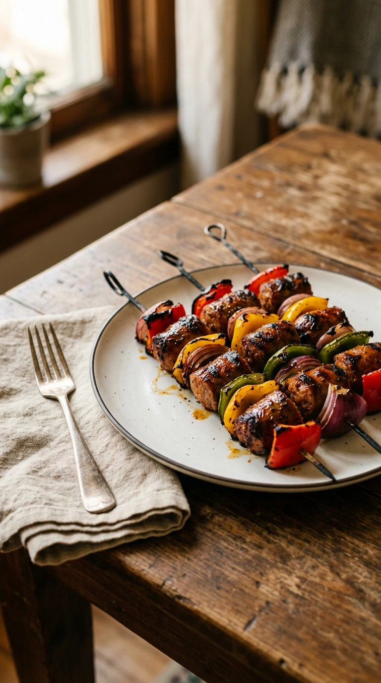 smoky tailgate grilled sausage skewers ready to serve