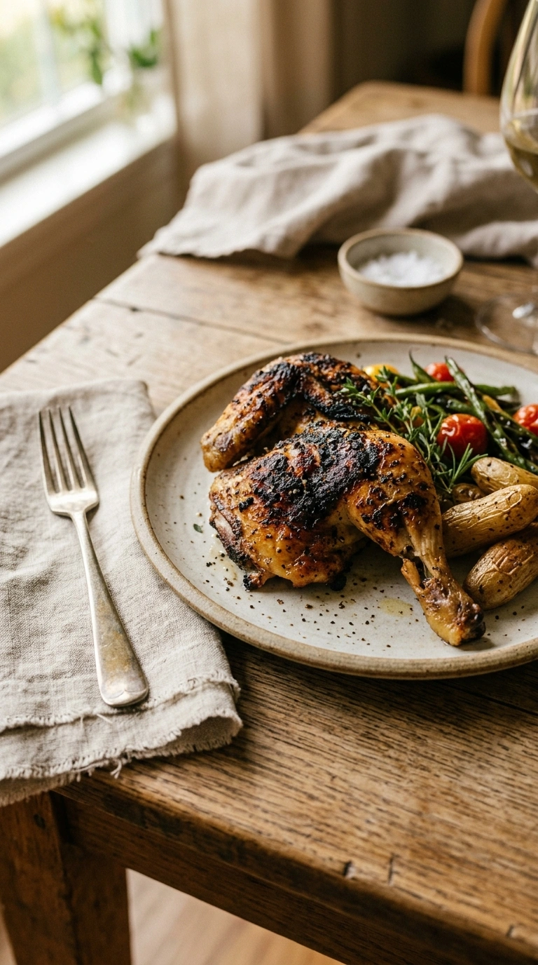 smoky cast iron grilled chicken ready to serve