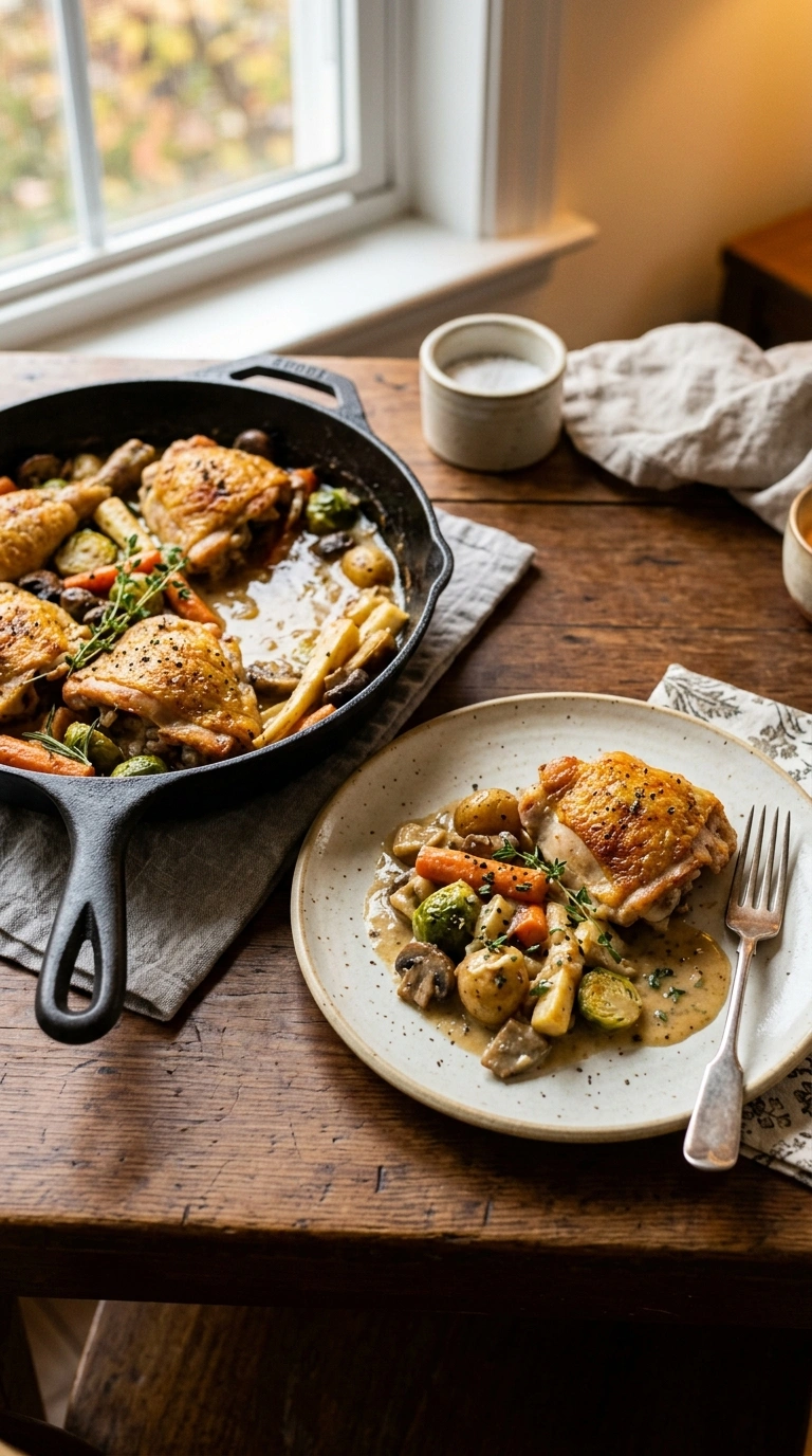 cozy fall chicken skillet dinner ready to serve
