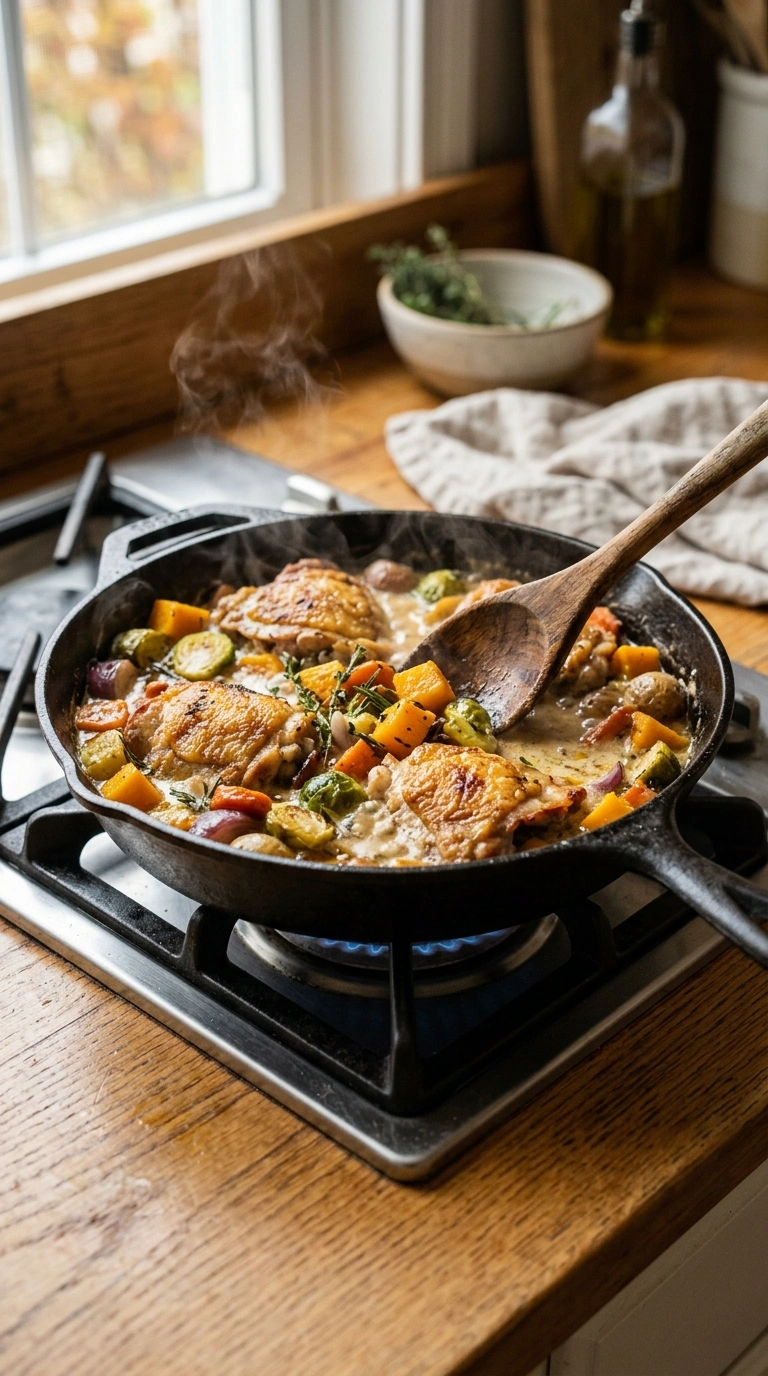 Cooking instructions for cozy fall chicken skillet dinner