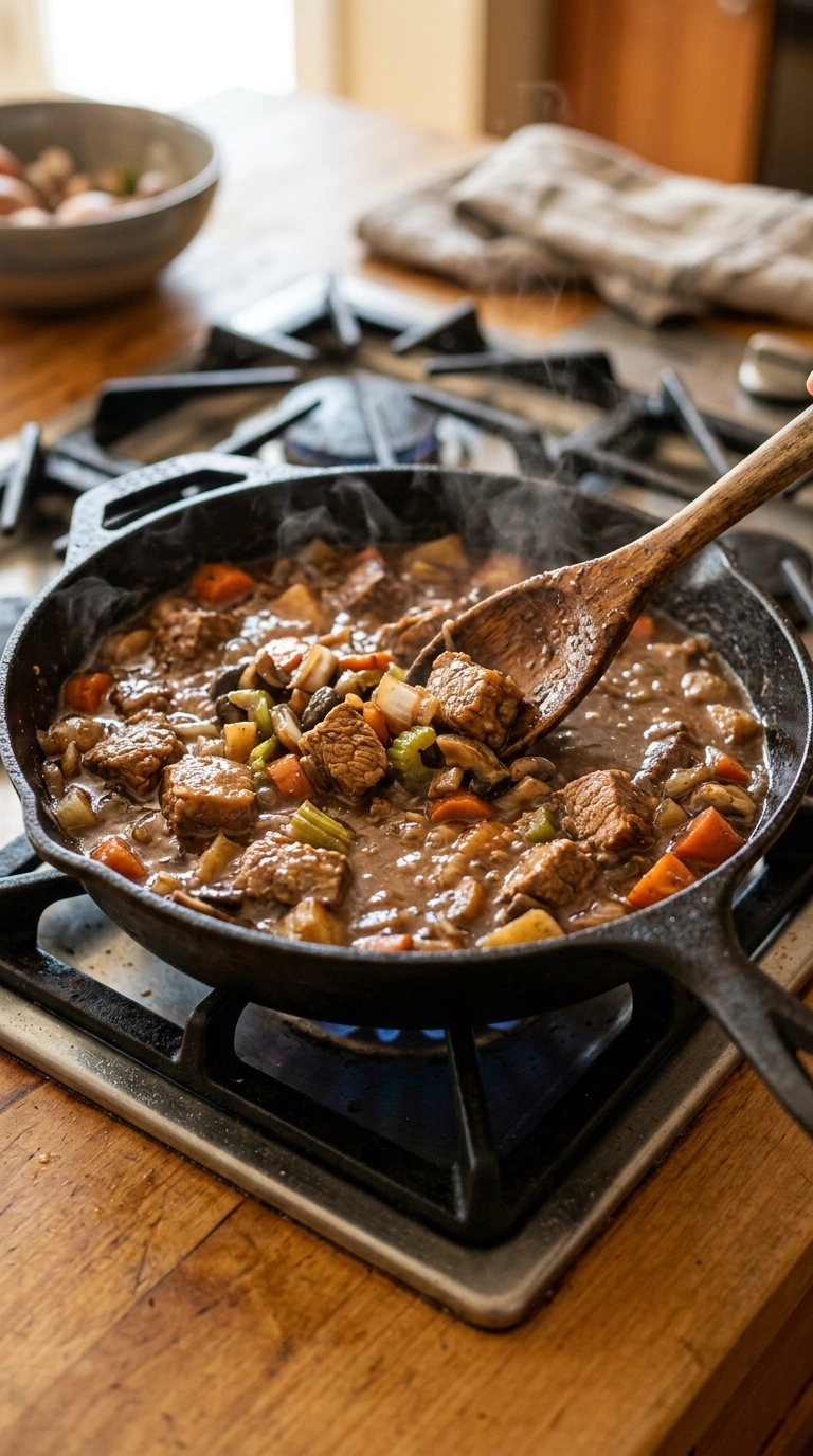 Cooking instructions for cozy fall beef skillet dinner