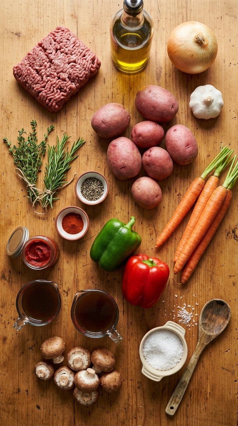 Ingredients for cozy fall beef skillet dinner