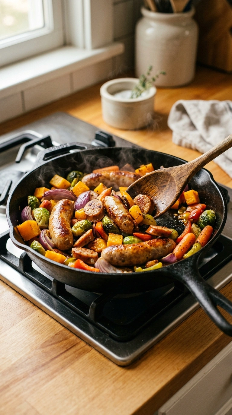 Cooking instructions for cozy fall sausage skillet dinner