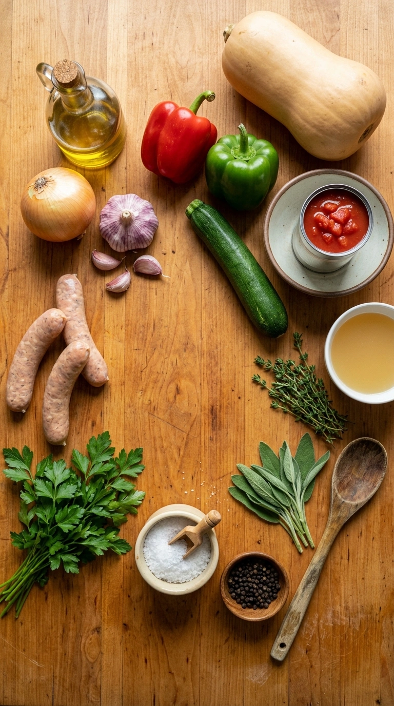 Ingredients for cozy fall sausage skillet dinner