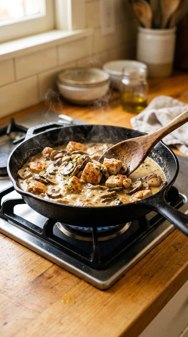 Cooking instructions for cozy fall mushroom skillet dinner