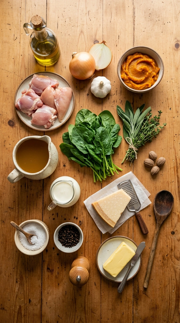 Ingredients for cozy fall pumpkin skillet dinner