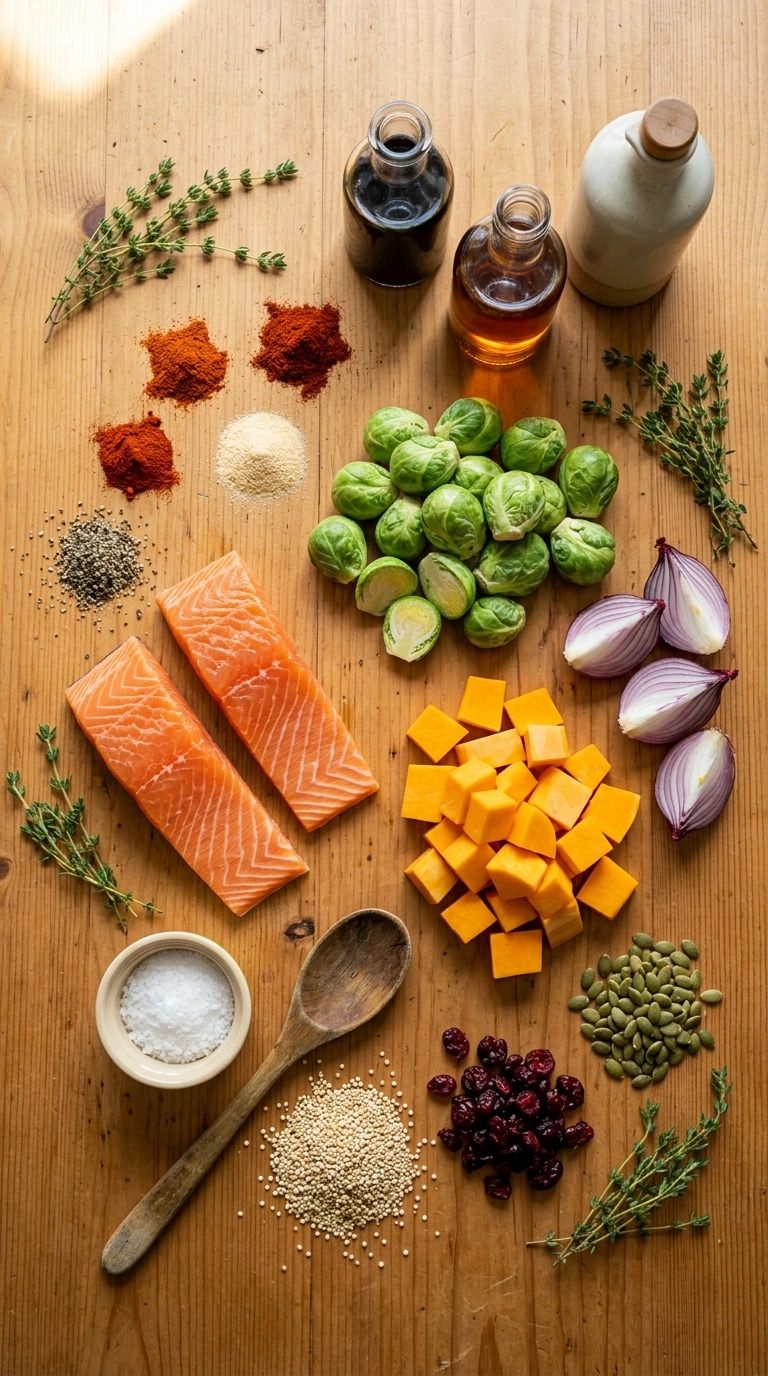 Ingredients for hearty fall salmon bowl