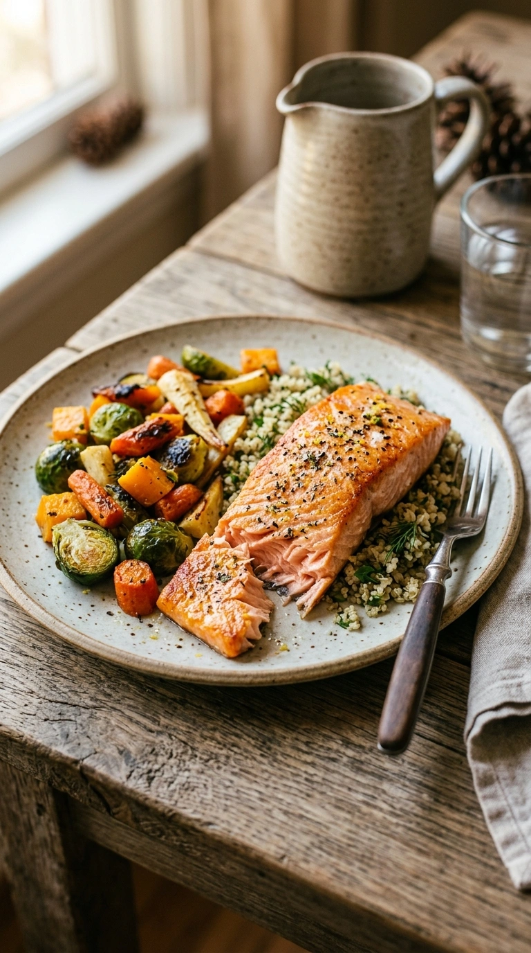 hearty fall salmon bowl ready to serve