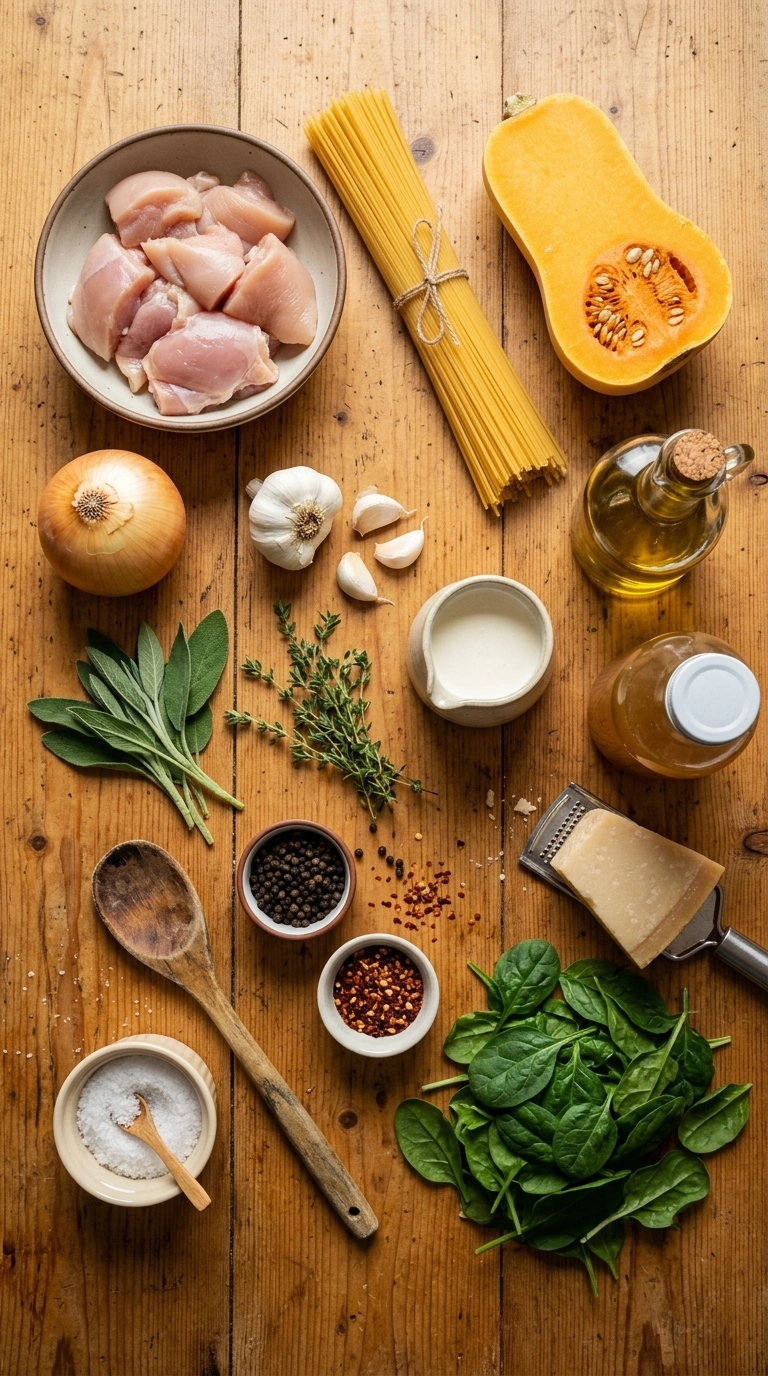 Ingredients for cozy 30 min fall pasta dinner