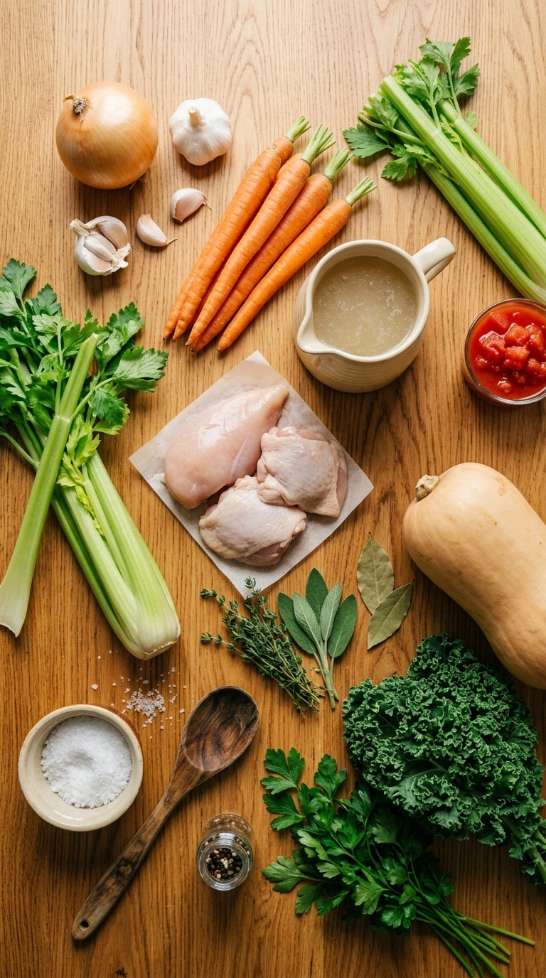 Ingredients for cozy 30 min fall soup dinner