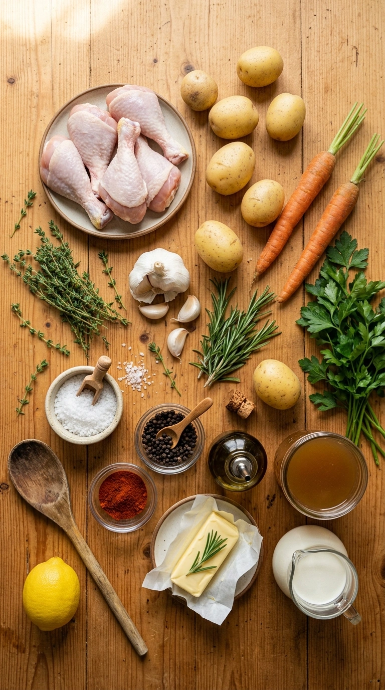 Ingredients for hearty savory garlic chicken thighs