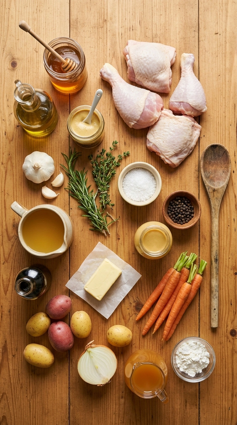 Ingredients for hearty savory honey chicken thighs