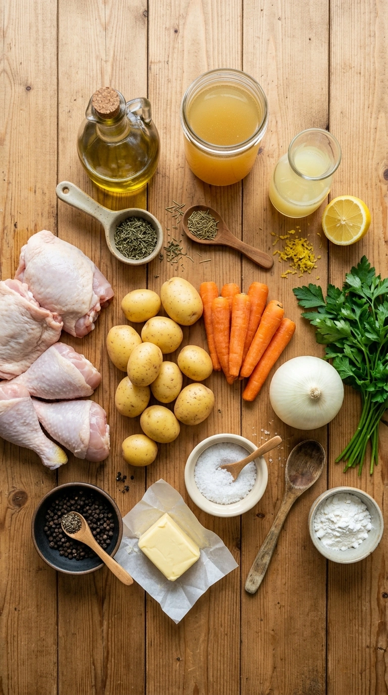 Ingredients for hearty savory lemon chicken thighs