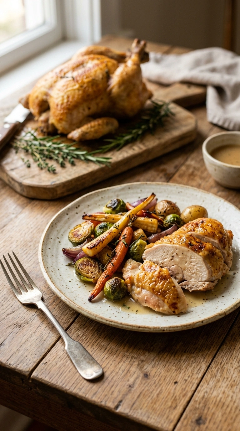 cozy roasted whole chicken ready to serve