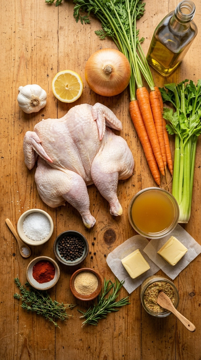 Ingredients for cozy roasted whole chicken