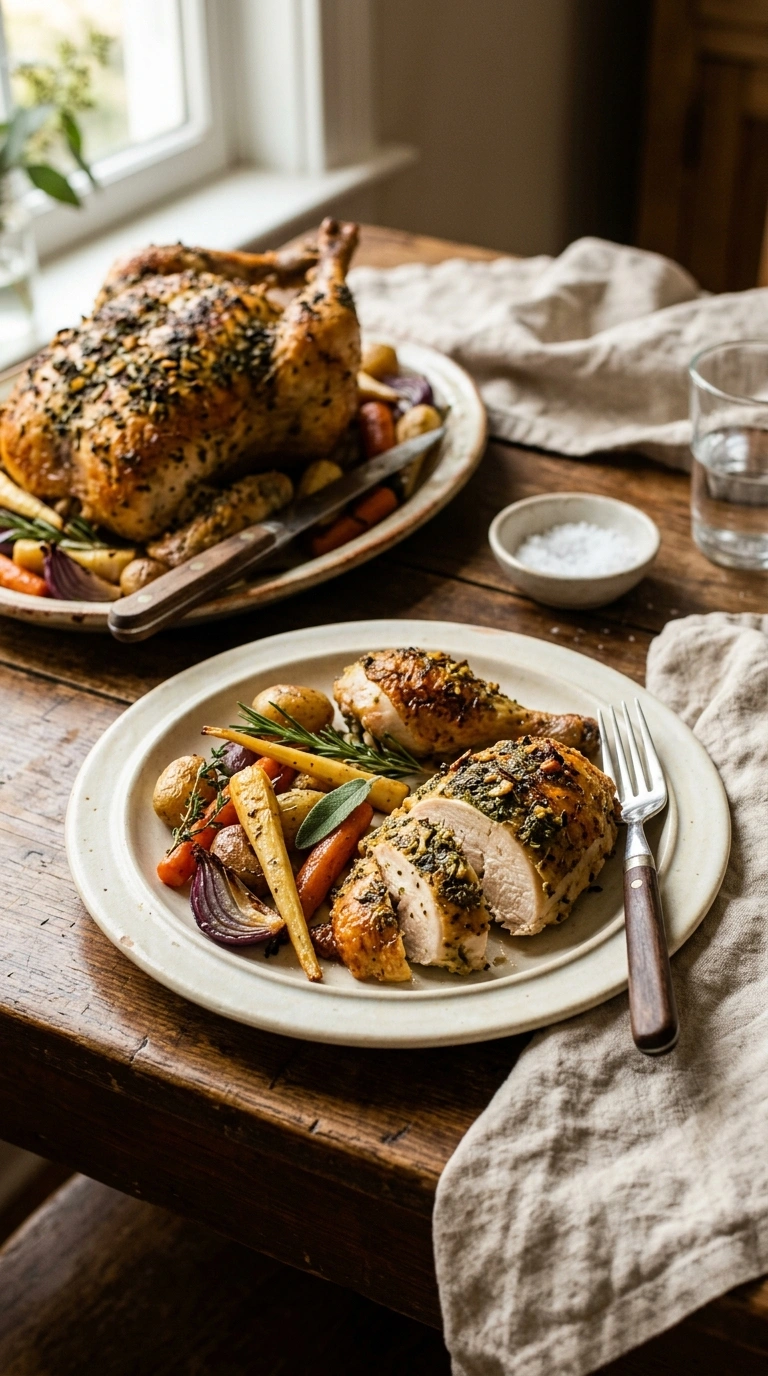cozy herb roasted whole chicken ready to serve