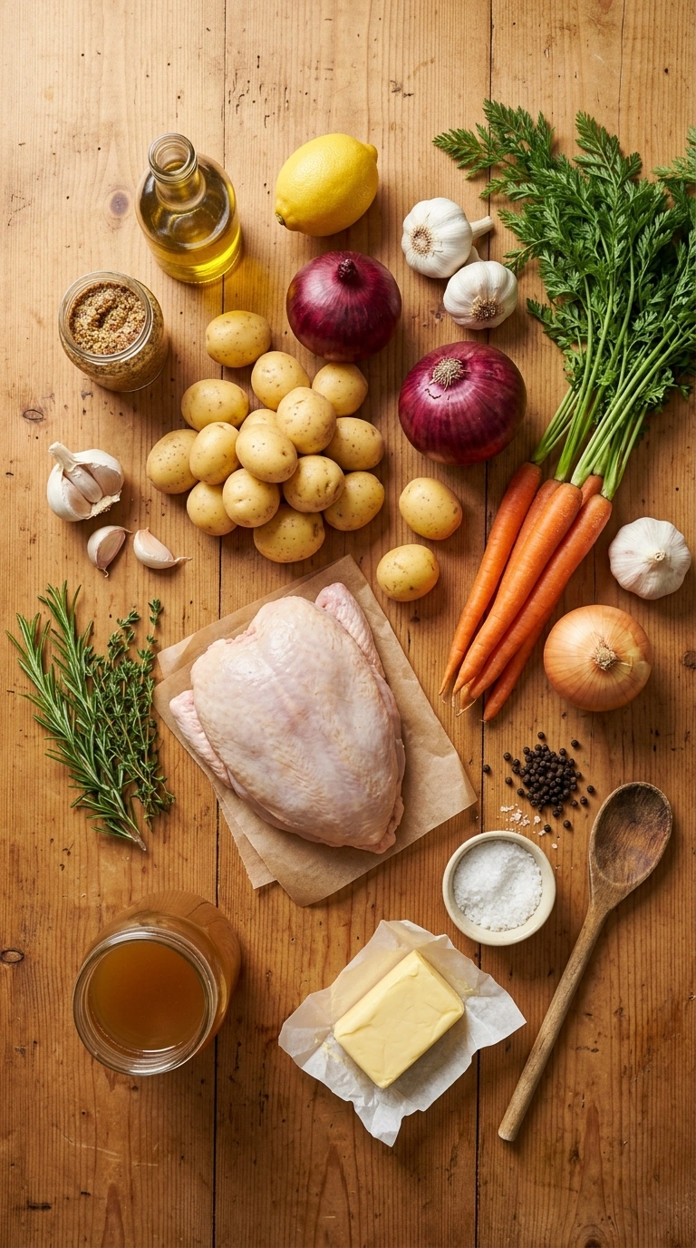 Ingredients for cozy herb roasted whole chicken