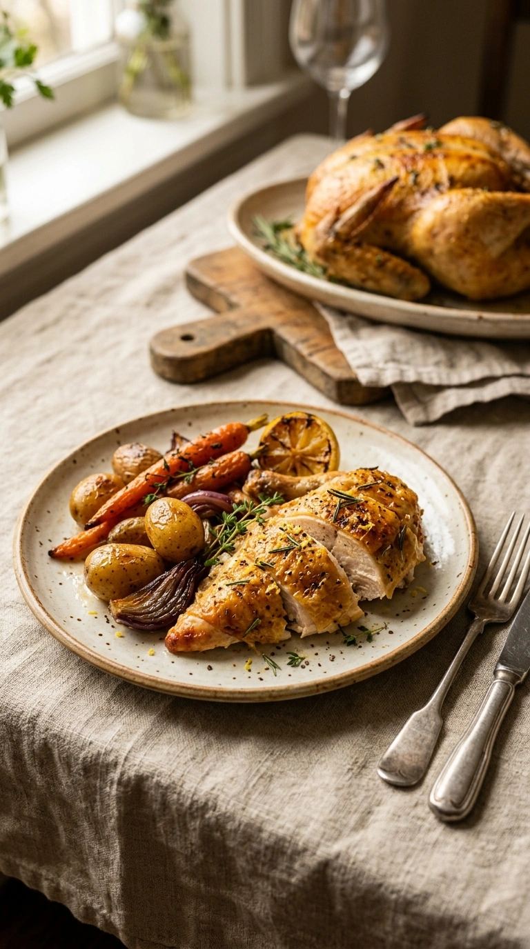 cozy lemon roasted whole chicken ready to serve