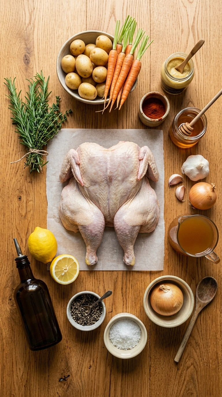Ingredients for cozy lemon roasted whole chicken