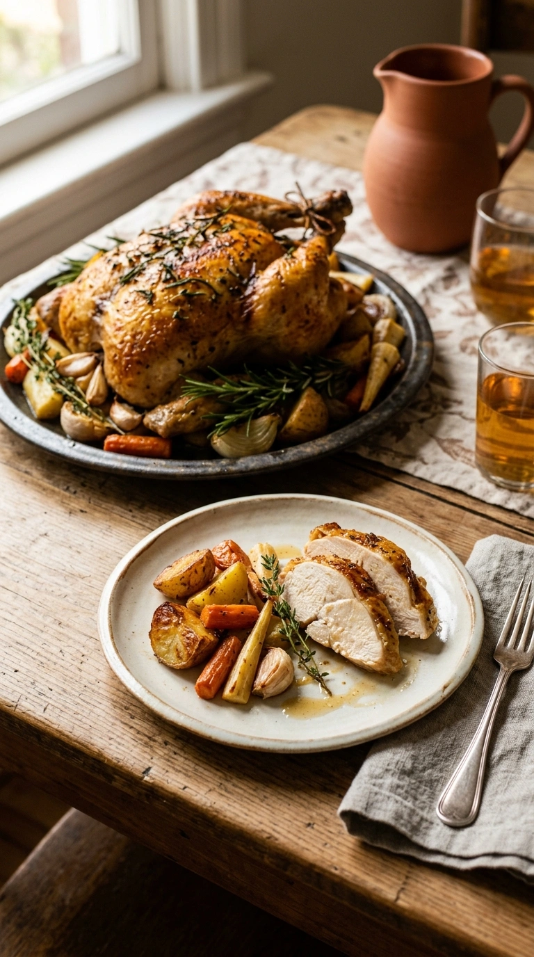 cozy garlic roasted whole chicken ready to serve