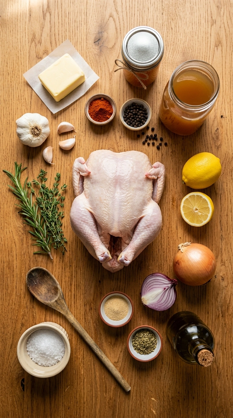 Ingredients for cozy garlic roasted whole chicken