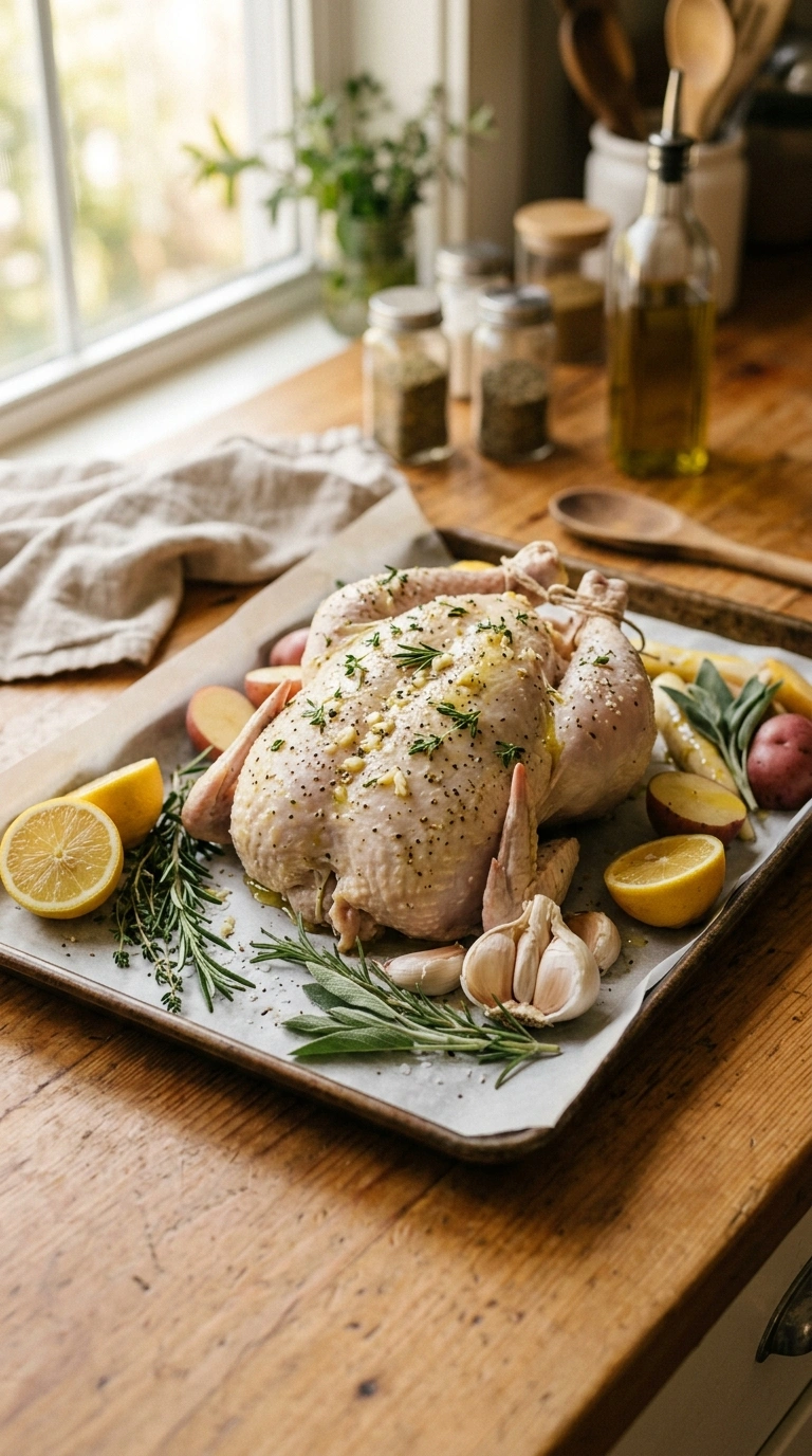 Cooking instructions for cozy garlic roasted whole chicken