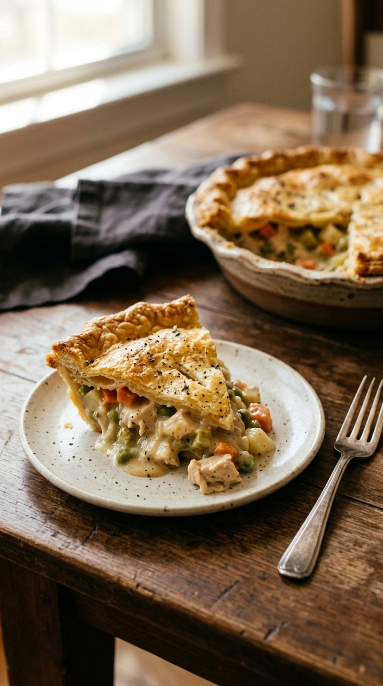 creamy hearty chicken pot pie ready to serve