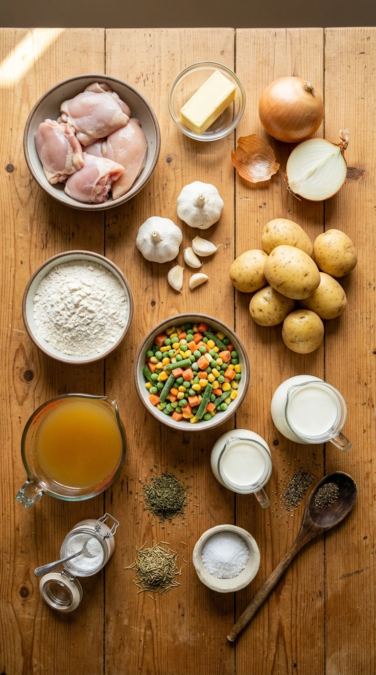 Ingredients for creamy hearty chicken pot pie