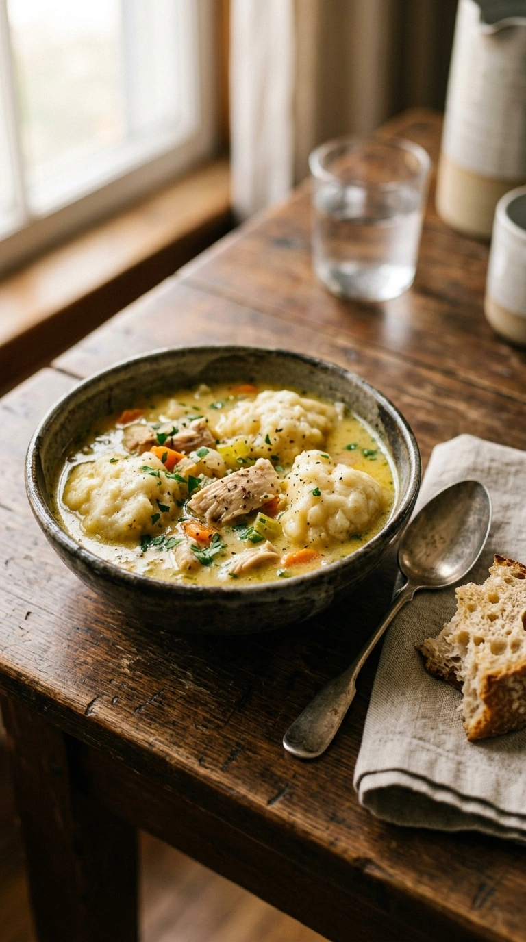 creamy hearty chicken and dumplings ready to serve