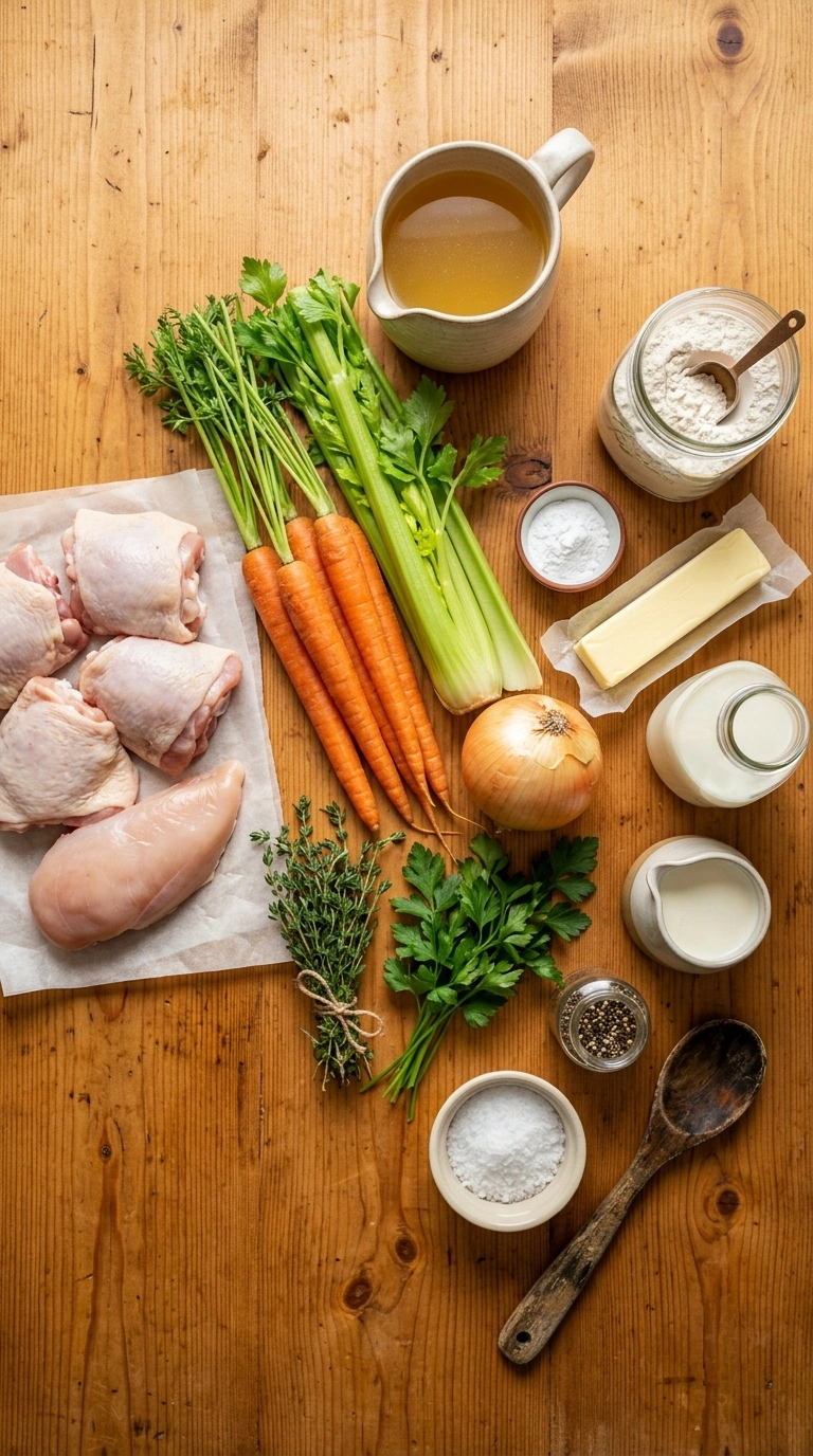 Ingredients for creamy hearty chicken and dumplings
