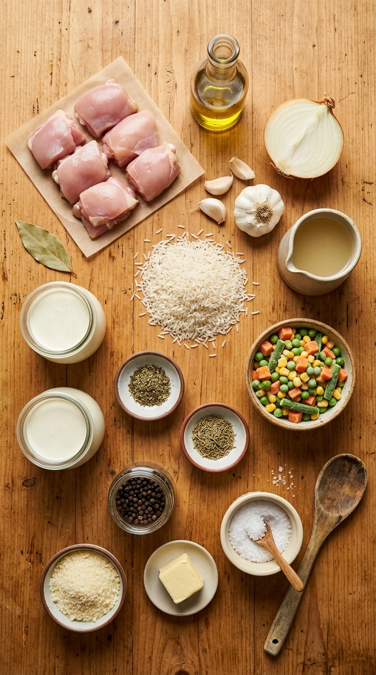 Ingredients for creamy hearty chicken and rice