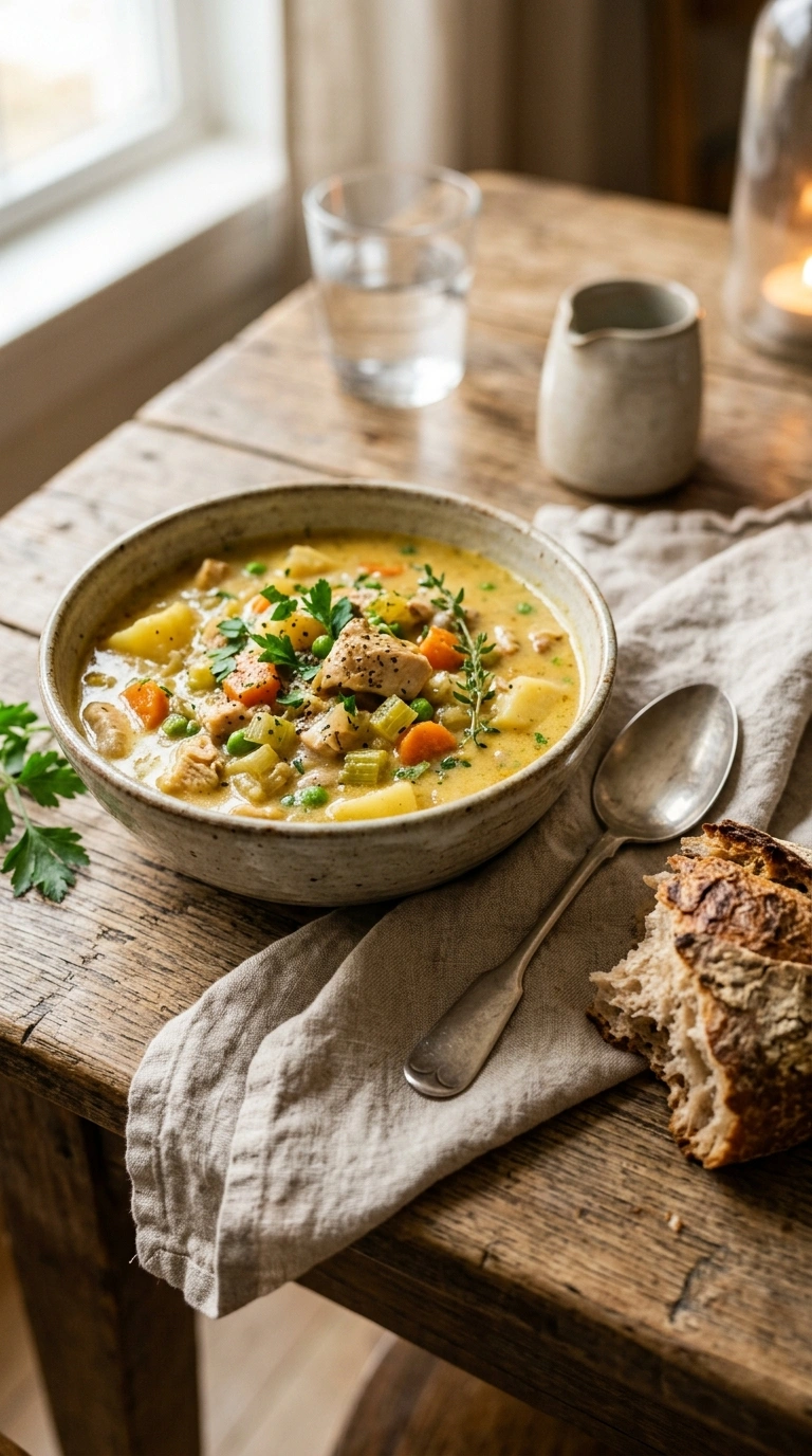 creamy hearty chicken stew ready to serve