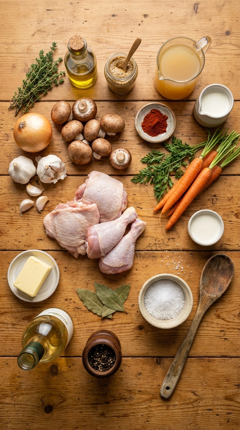 Ingredients for cozy fall skillet chicken mushroom