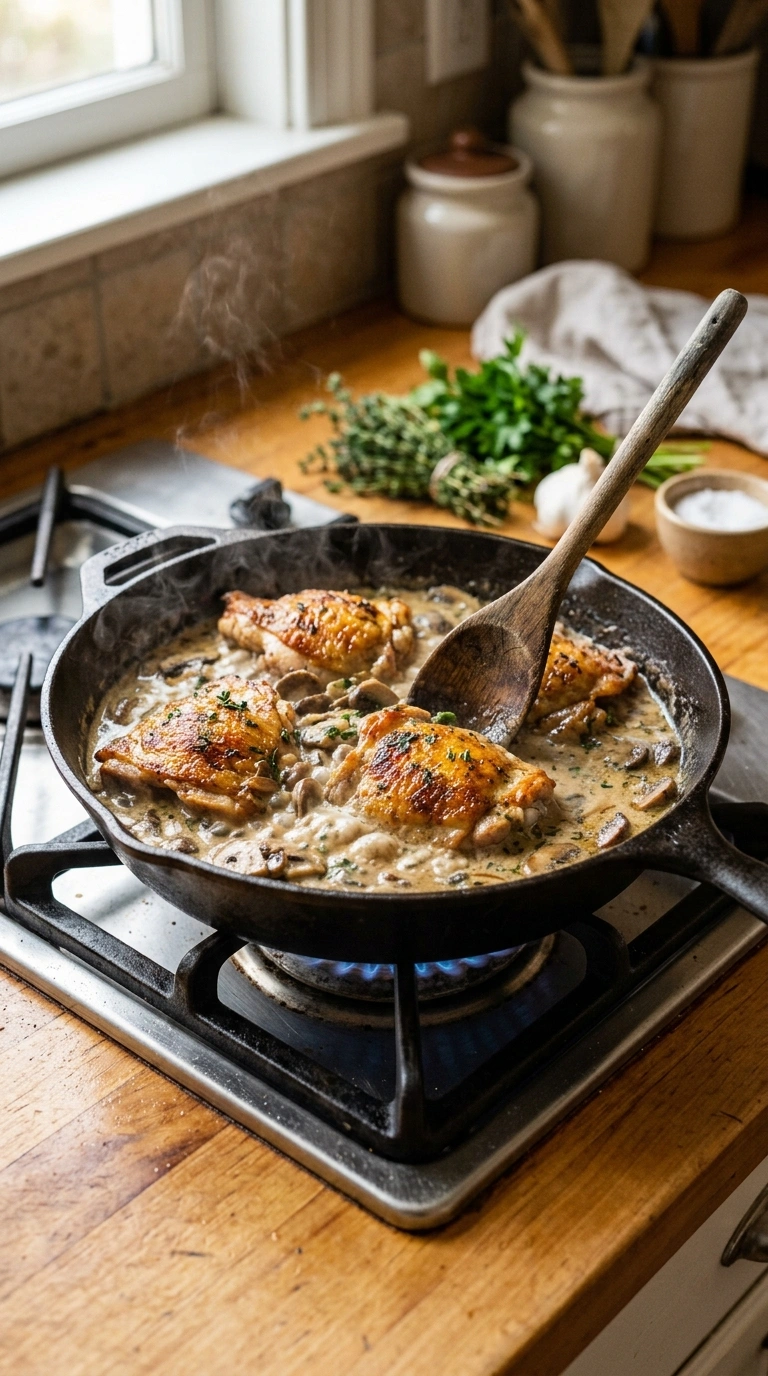 Cooking instructions for cozy fall skillet chicken mushroom