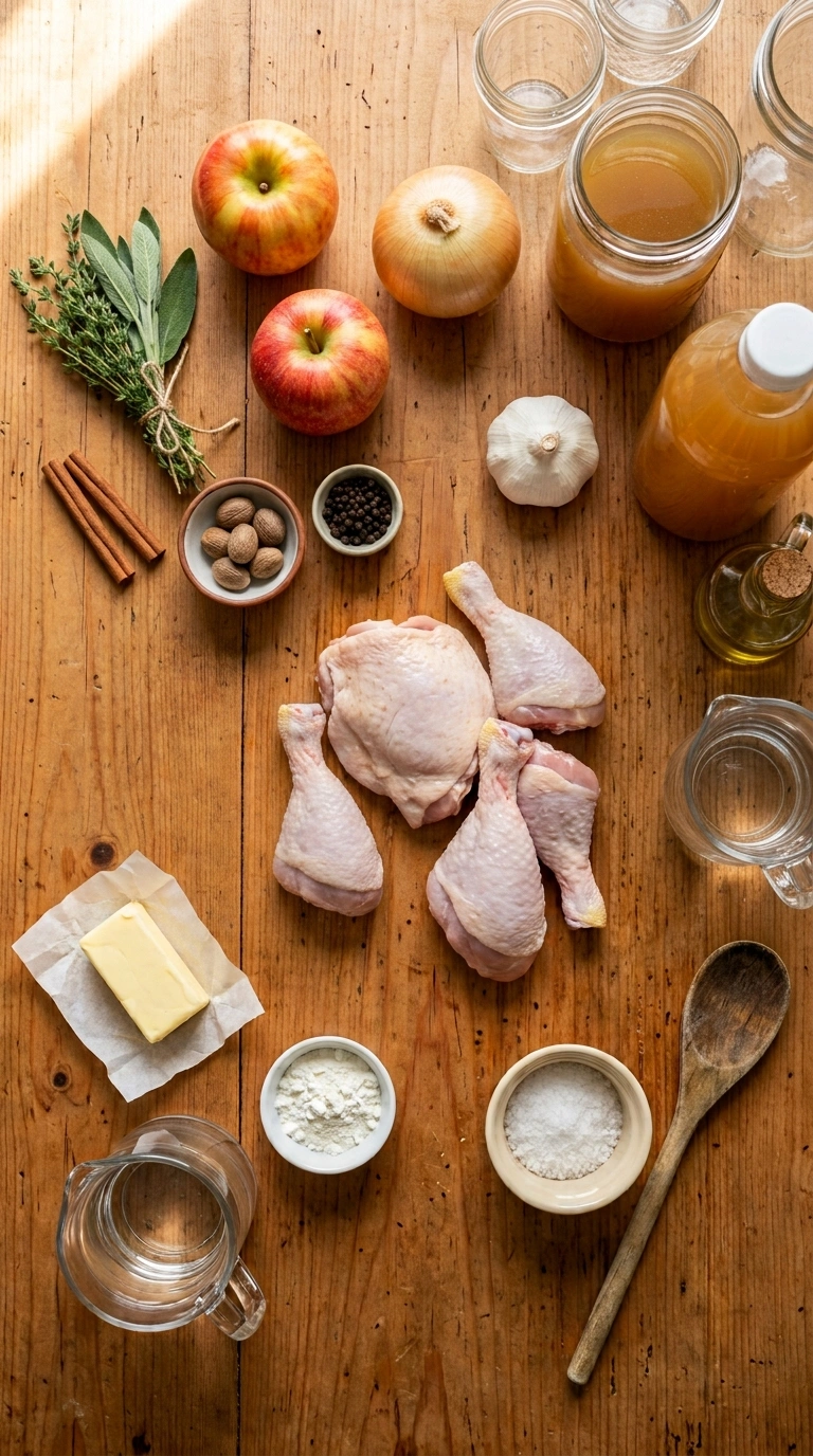 Ingredients for cozy fall skillet chicken apple