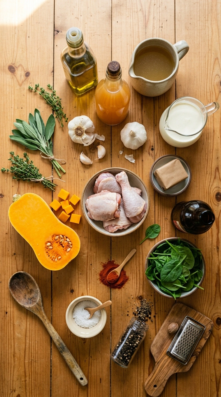 Ingredients for cozy fall skillet chicken butternut