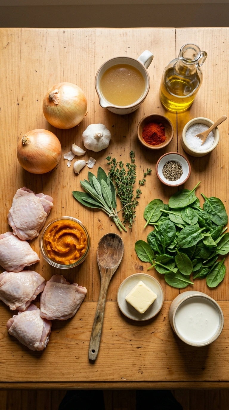 Ingredients for cozy fall skillet chicken pumpkin