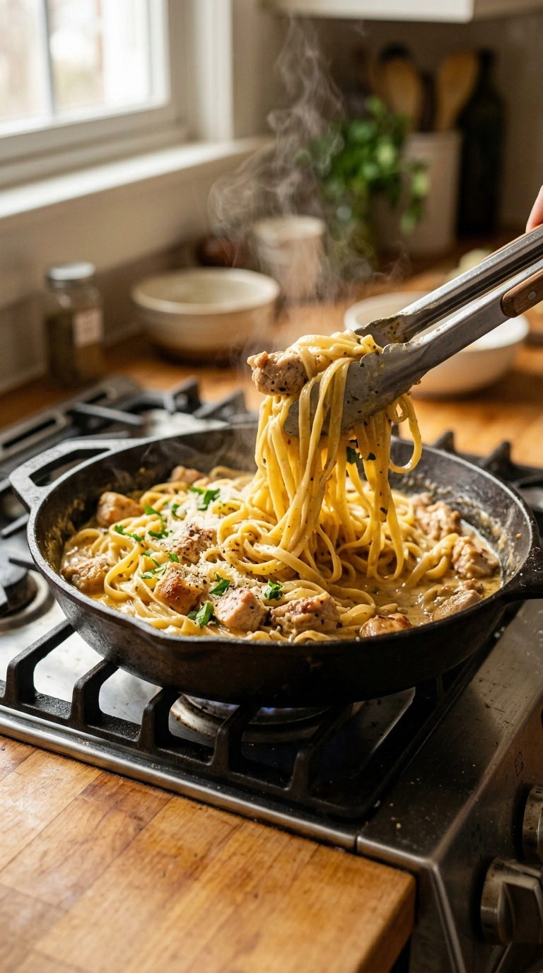Cooking instructions for garlicky buttery chicken pasta