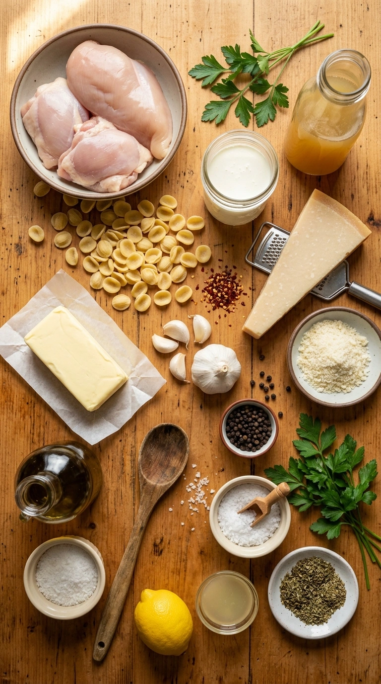 Ingredients for garlicky buttery chicken pasta