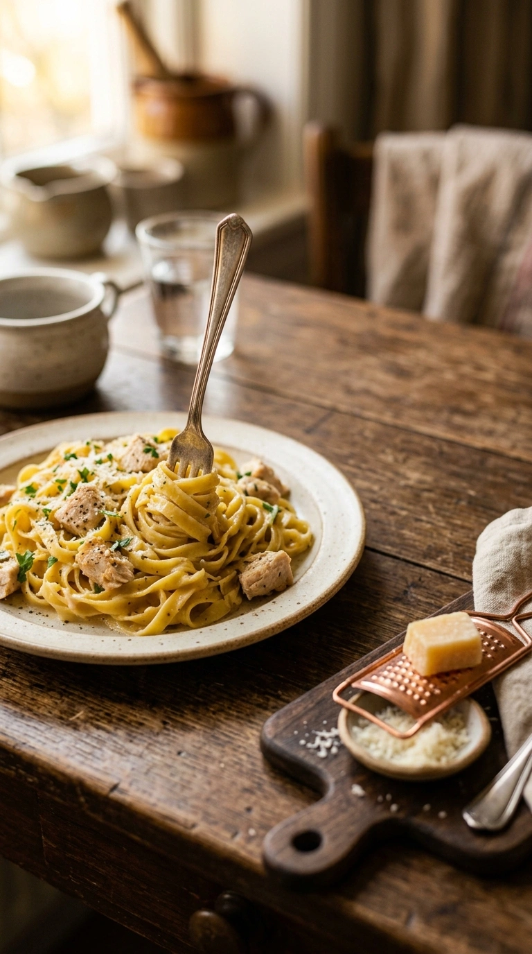 garlicky buttery chicken pasta ready to serve