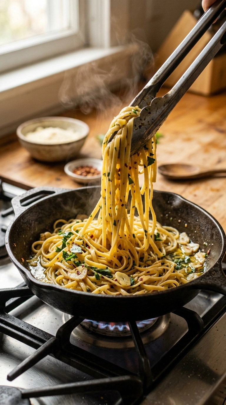 Cooking instructions for garlicky buttery aglio olio pasta