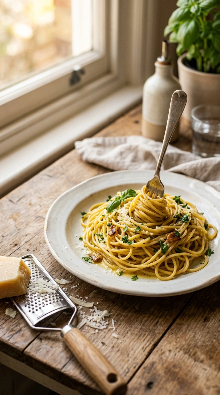 garlicky buttery aglio olio pasta ready to serve