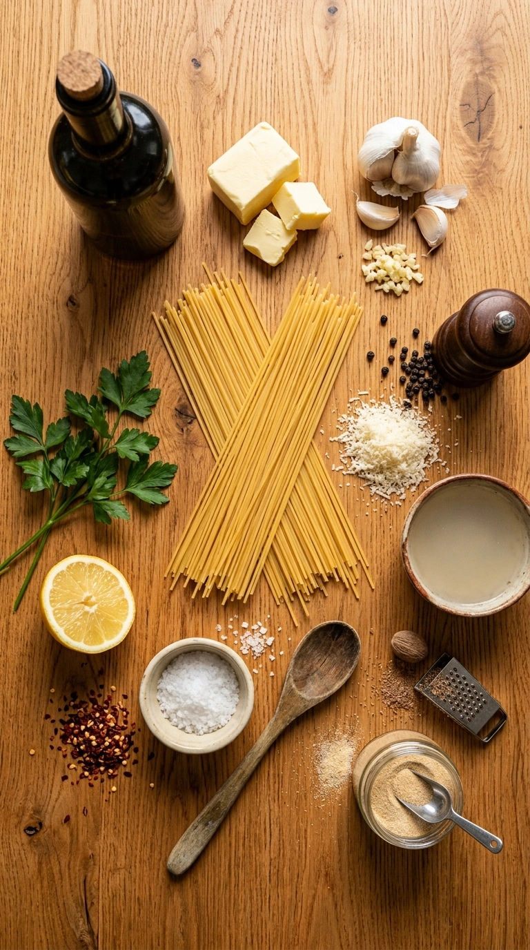 Ingredients for garlicky buttery aglio olio pasta