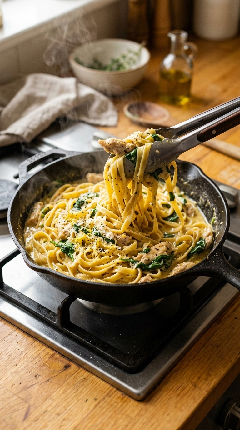 Cooking instructions for garlicky buttery lemon chicken pasta