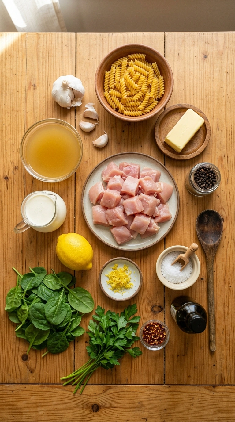 Ingredients for garlicky buttery lemon chicken pasta