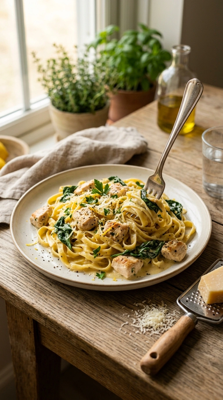 garlicky buttery lemon chicken pasta ready to serve