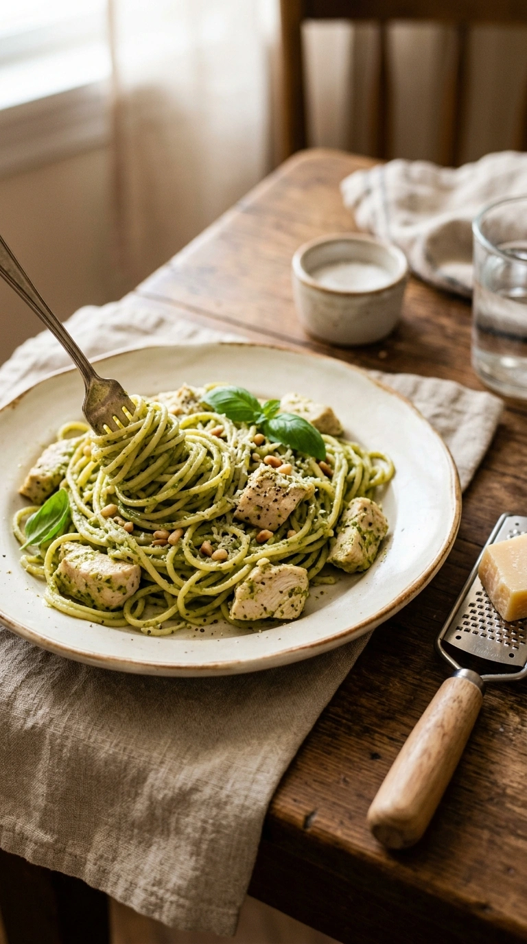 garlicky buttery pesto chicken pasta ready to serve