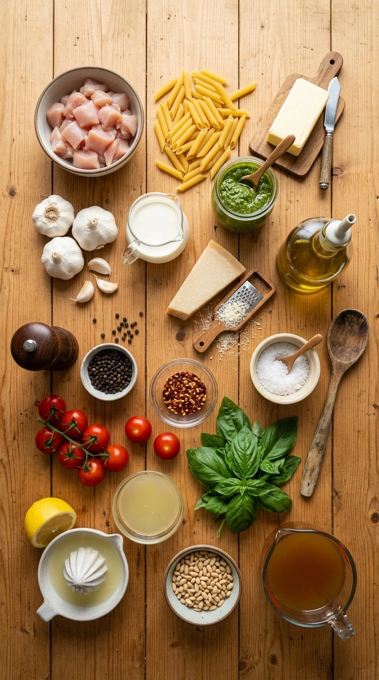 Ingredients for garlicky buttery pesto chicken pasta