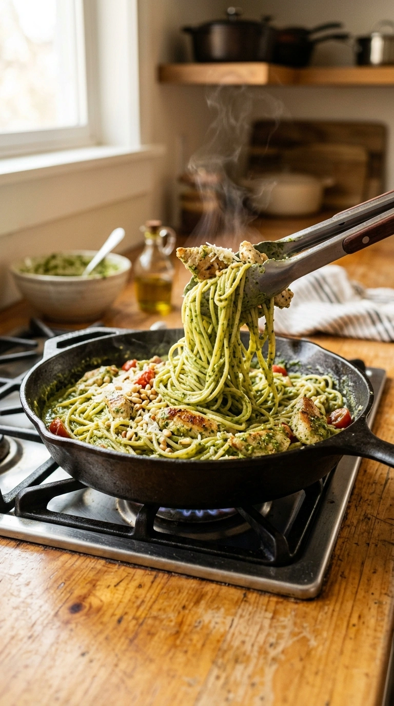 Cooking instructions for garlicky buttery pesto chicken pasta