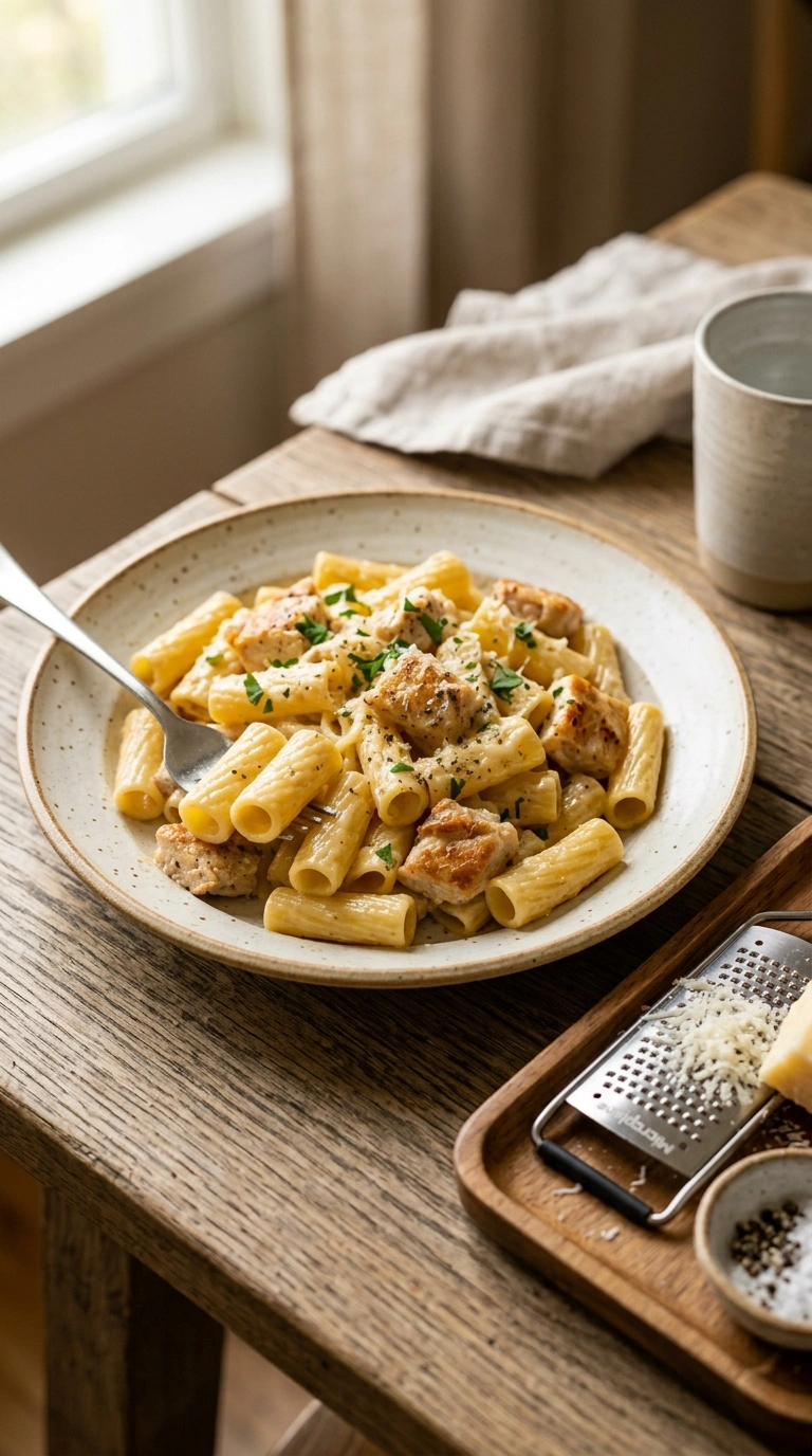 garlicky buttery italian chicken pasta ready to serve
